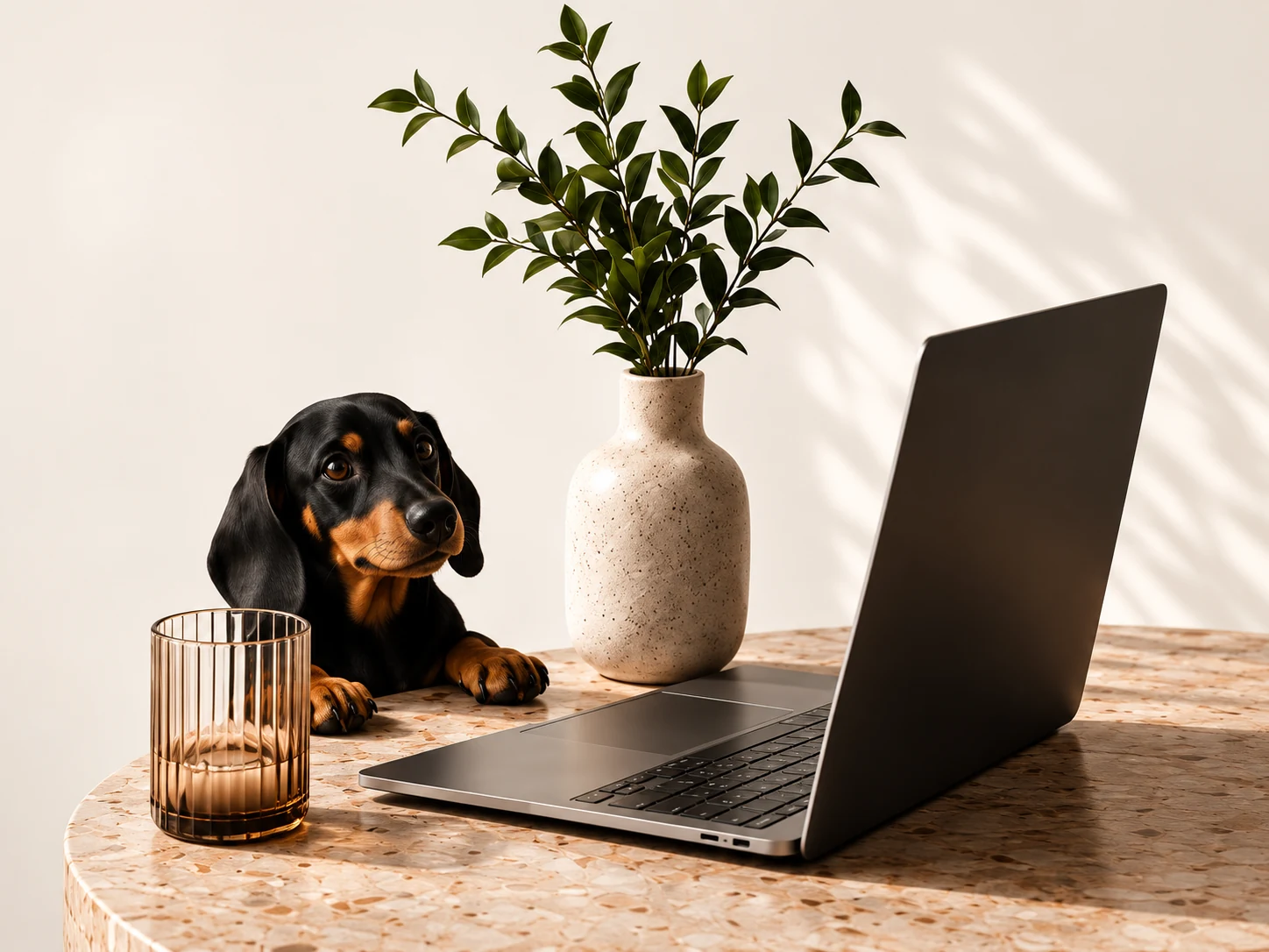 Dachshund junto a una laptop y una planta en un escritorio